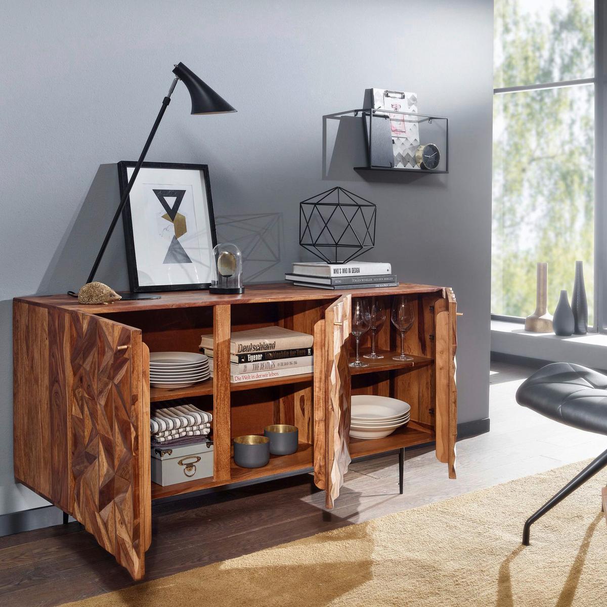 Sideboard Sheesham Sheeshamfarben B: 144 cm - Sheeshamfarben/Schwarz, Design, Holz (144/72/47cm) - MID.YOU
