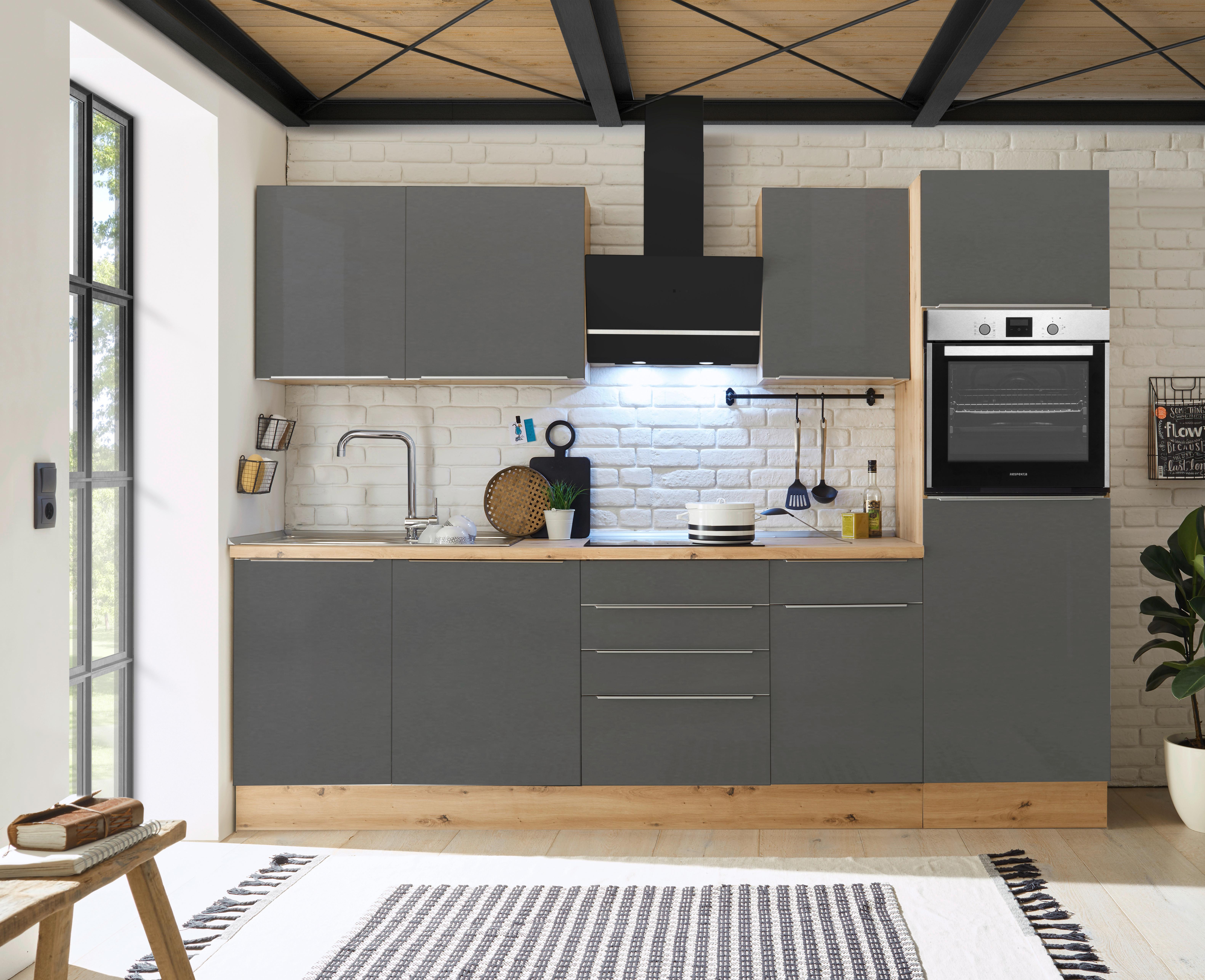 Küchenzeile mit Geräten B: 280 cm Grau/Eiche Dekor - Anthrazit/Eiche Artisan, LIFESTYLE, Holzwerkstoff (280/211/60cm) - Respekta