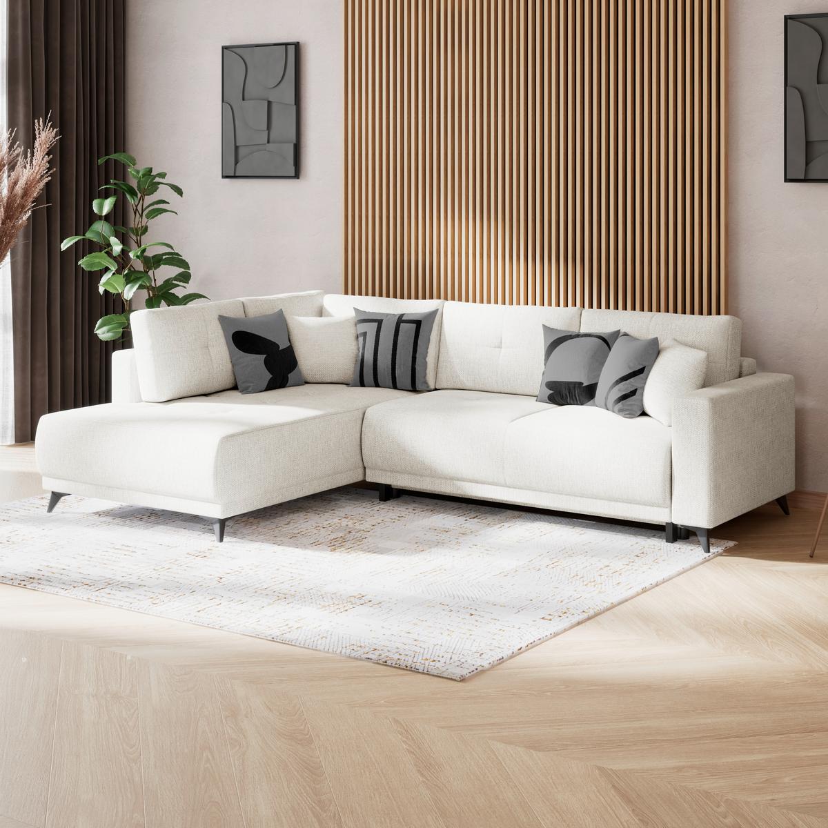 Ecksofa mit Schlaffunktion & Bettkasten Texas Creme - Creme/Schwarz, KONVENTIONELL, Holz (203/259cm)