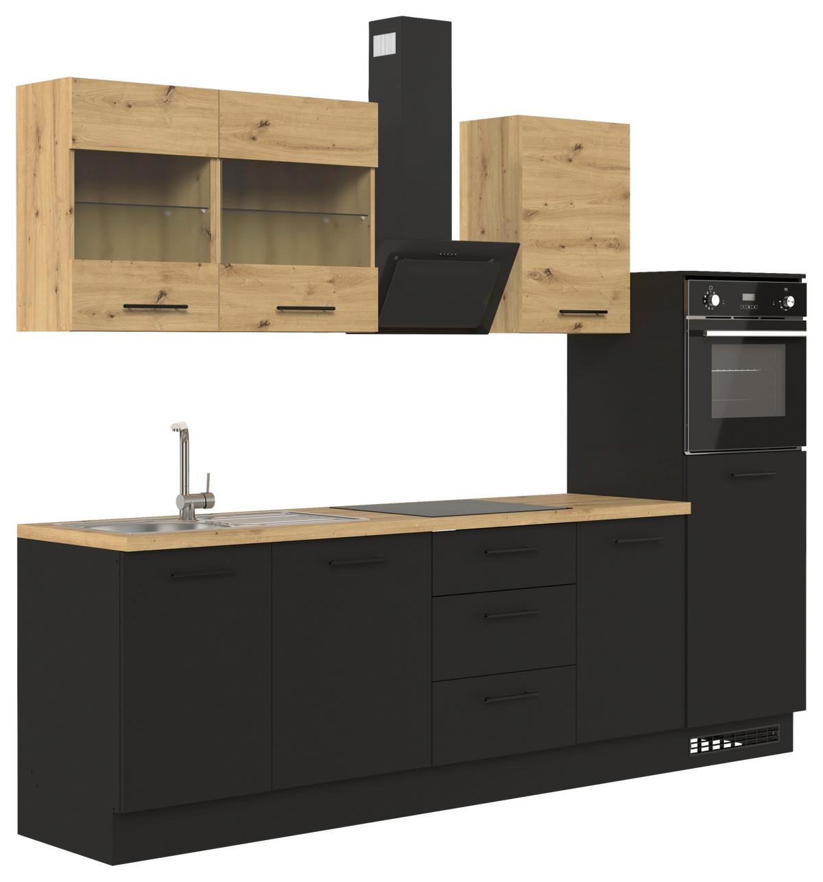 Küchenblock Capri Schwarz/Eiche Dekor B: 280 cm - Schwarz/Eiche Artisan, Basics, Glas/Holzwerkstoff (280cm) - MID.YOU