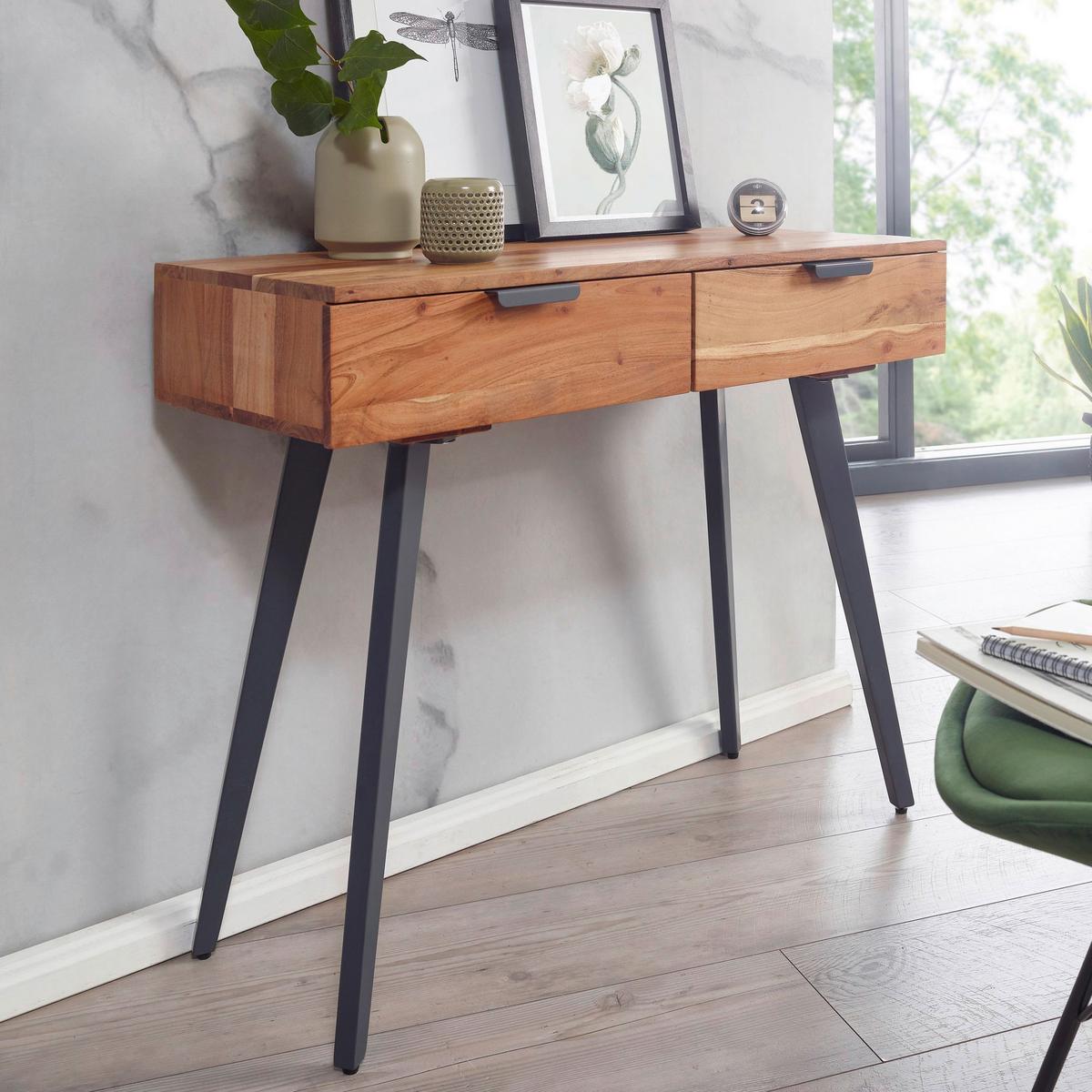 Konsolentisch Wohnling Eisen/ Akazienholz B: 90 cm 2 Laden - Grau/Akaziefarben, MODERN, Holz/Metall (36/90/78cm) - MID.YOU