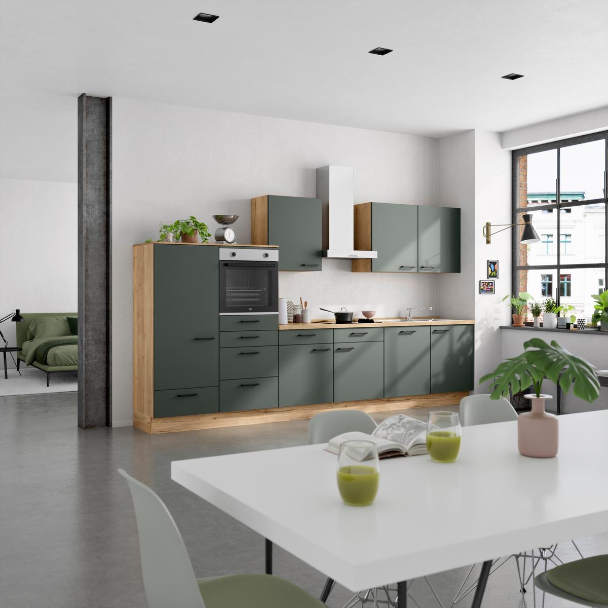 Kuchyňská linka 360 cm, minerální zelená,ultra matná - barvy dubu/černá, Moderní, kov/kompozitní dřevo (360cm) - Nobilia