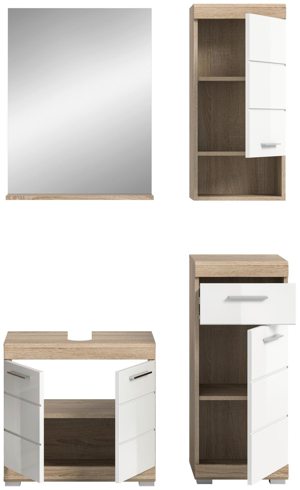 Badezimmer Lambada Eiche Dekor/Weiß B: 97 cm - Weiß Hochglanz/Silberfarben, MODERN, Glas/Holzwerkstoff (97cm) - MID.YOU