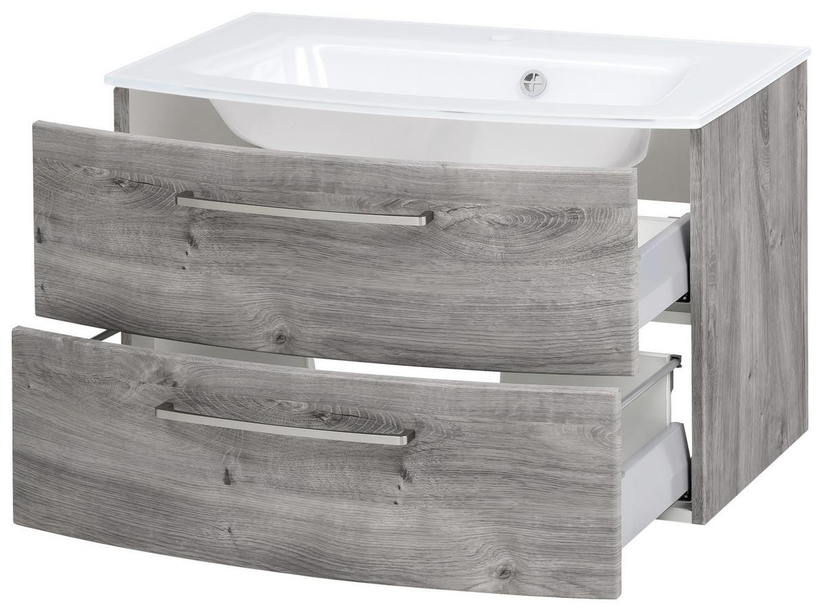 Waschbecken Mit Unterschrank Stockholm B: 80cm Grau Dekor - Eichefarben/Weiß, KONVENTIONELL, Glas/Holzwerkstoff (80cm) - Held