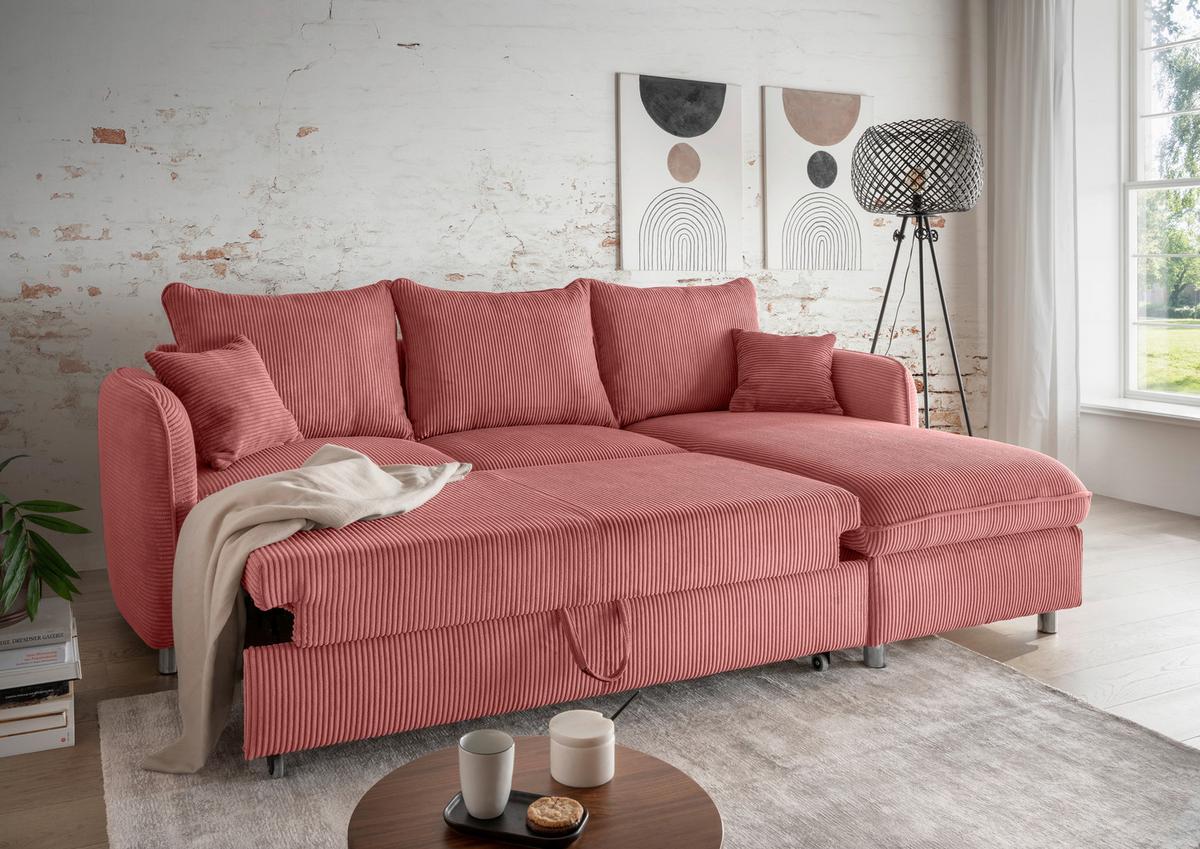 Eckschlafsofa Lauritio Koralle S: 254x160 cm - Chromfarben/Koralle, MODERN, Textil (254/160cm) - Livetastic