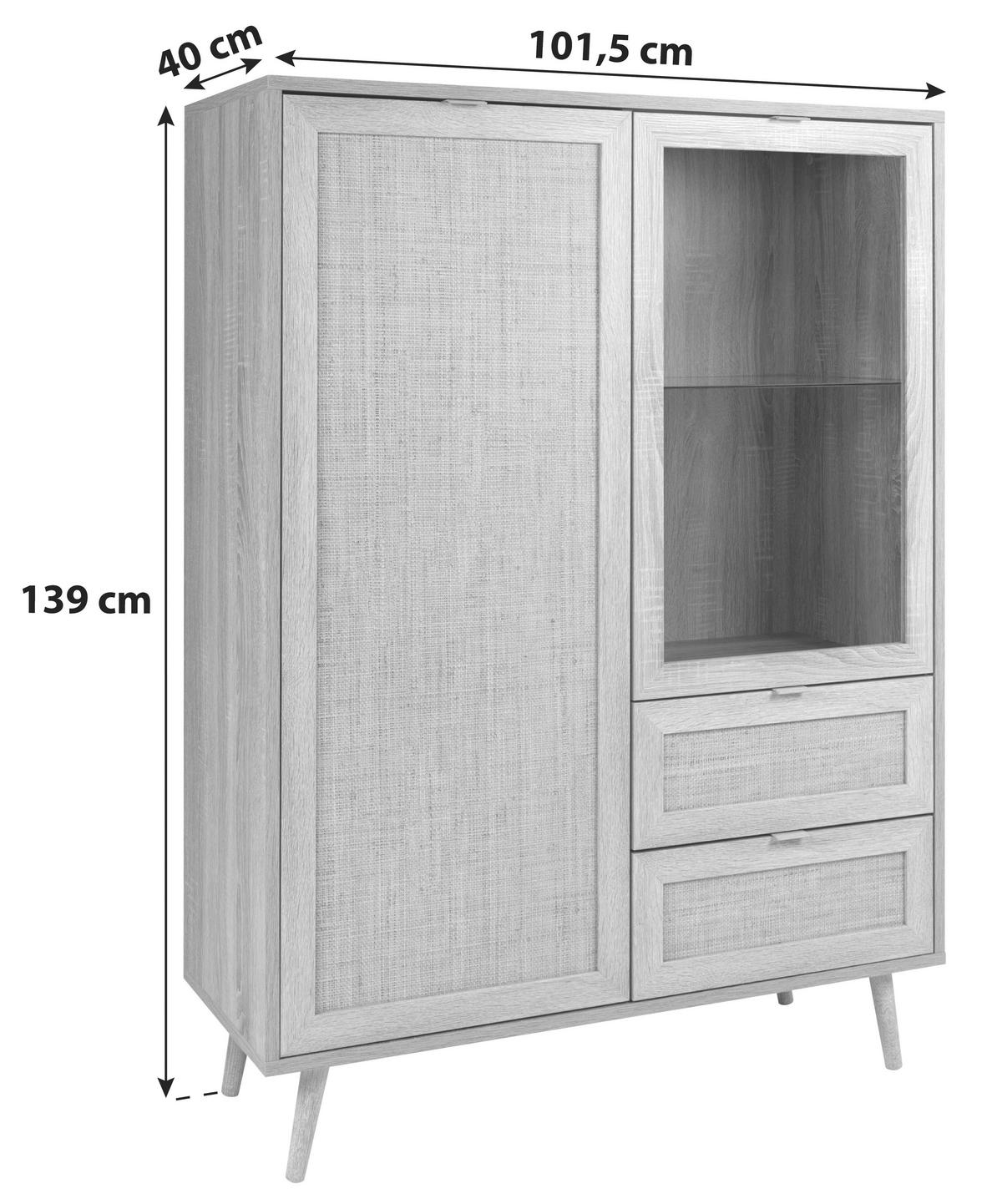 Highboard + Glastür 101,5 Cm Bali, Eiche/geflechtoptik - Sonoma Eiche, Natur, Glas/Holzwerkstoff (101,5/139/40cm) - MID.YOU