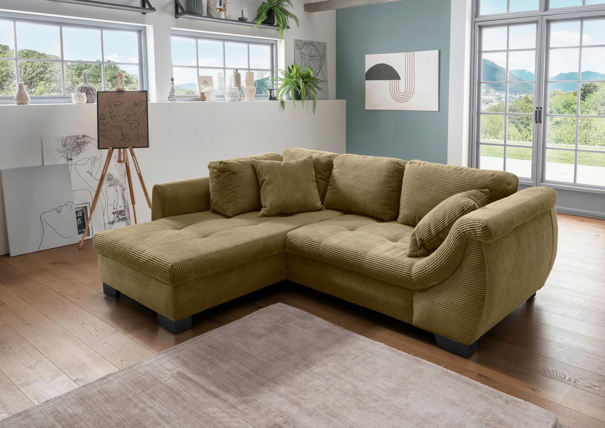 Ecksofa mit Schlaffunktion Flora Olivgrün Cord - Schwarz/Olivgrün, Design, Textil (190/250cm) - MID.YOU
