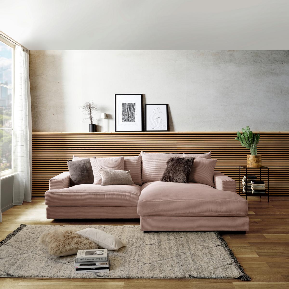 Rohová sedačka PELLE, pravá, růžový manšestr - růžová/černá, Moderní, textil (265/180cm)