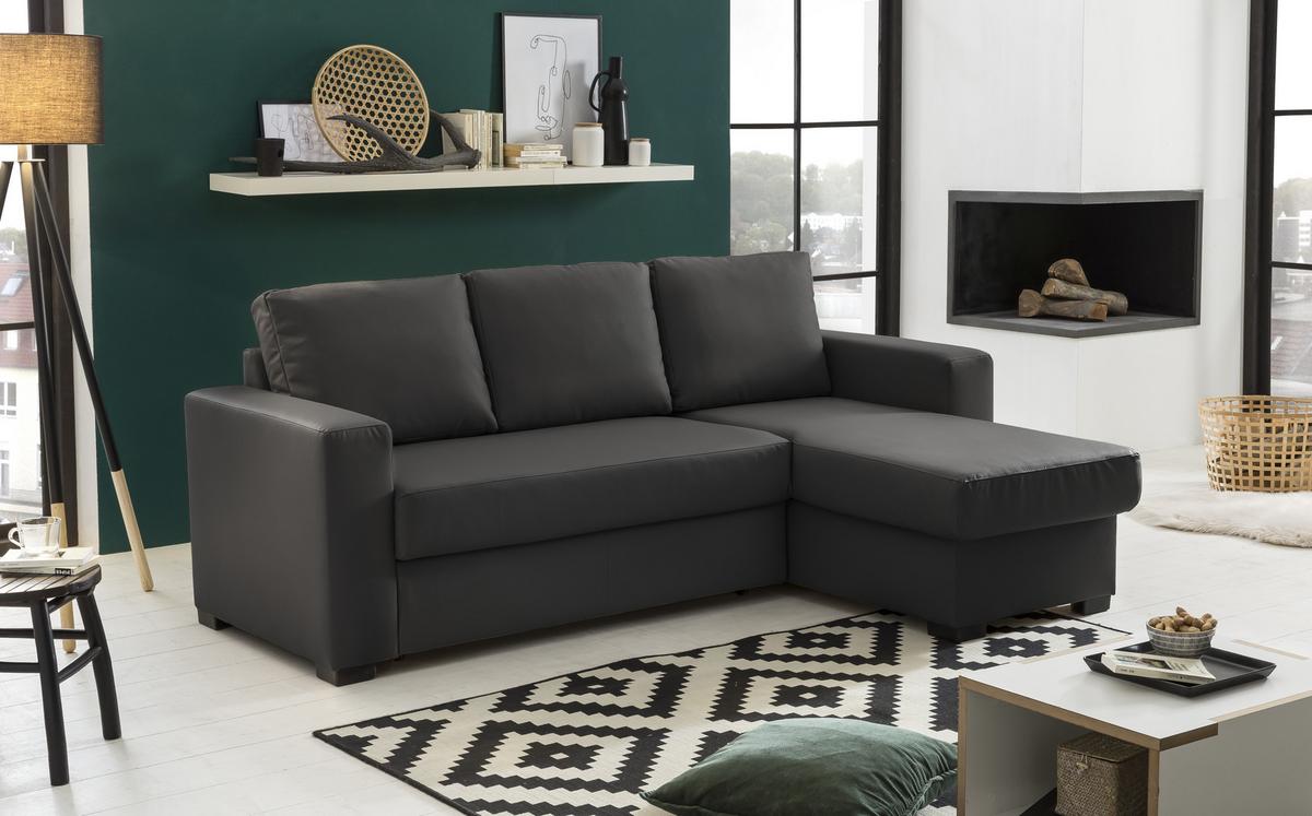 Ecksofa mit Schlaffunktion + Bettkasten Cristiano Lederlook - Dunkelgrau, Basics, Textil (220/150cm) - MID.YOU