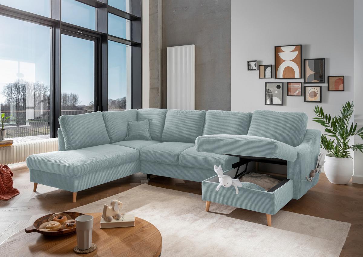 Wohnlandschaft Valentina - Naturfarben/Hellblau, KONVENTIONELL, Textil (200/301/150cm) - P & B