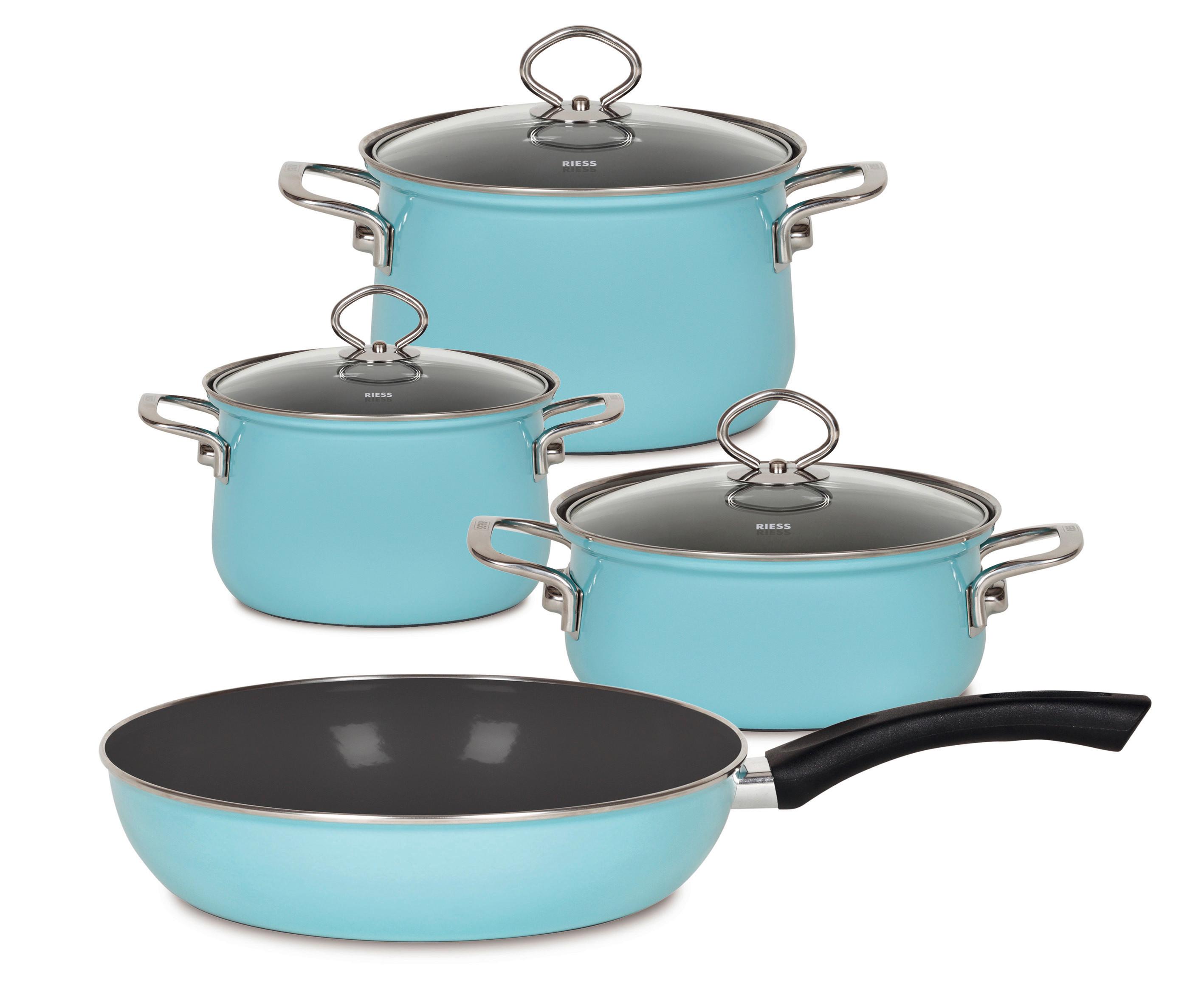 Riess Kochtopfset 7-tlg. Eisen Induktion 1 Pfanne - Hellblau, Basics, Glas/Metall (48,50/28/24cm) - Riess