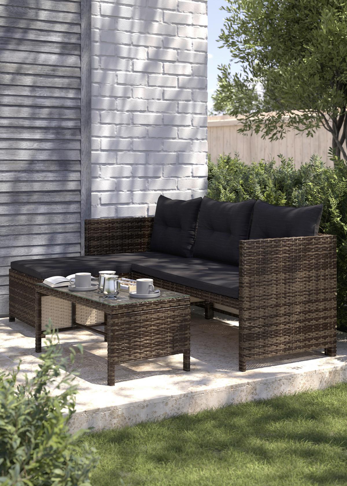 Loungegarnitur 3-Tlg. Vegas Polyrattan/Stahl mit Kissen - Graubraun/Schwarz, MODERN, Glas/Kunststoff - Luca Bessoni
