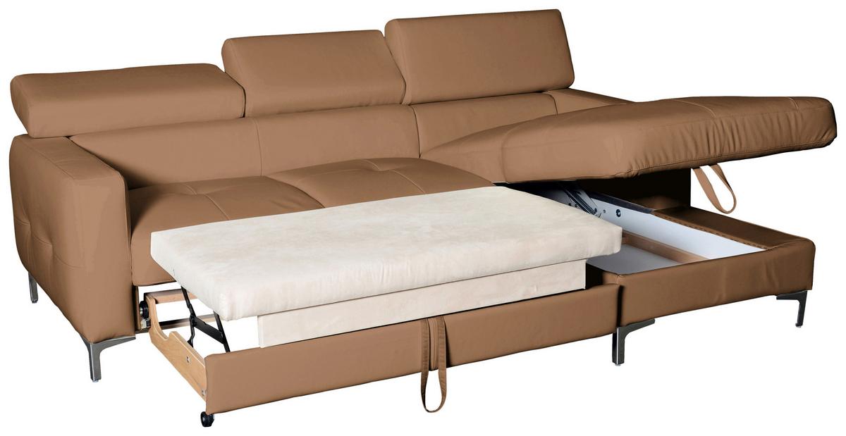 Ecksofa Mit Schlaffunktion Sammy Cappuccino - Chromfarben/Cappuccino, Design, Leder (227/168cm) - Livetastic