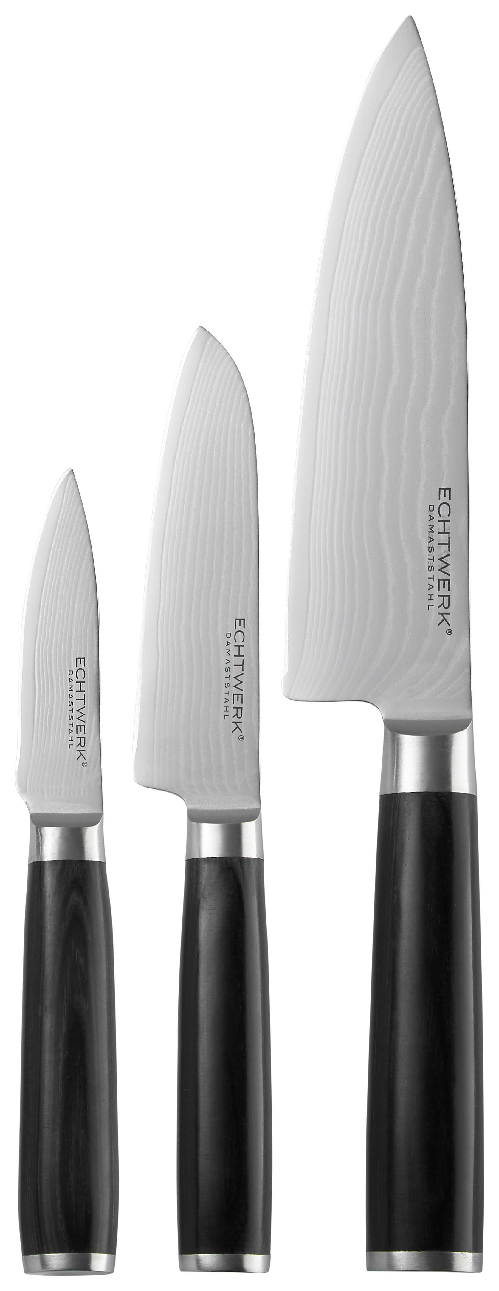 Messerset Damaszener 3 -Teilig. Damaststahl Klinge - Edelstahlfarben, Trend, Metall (17,8/12,7/8,9cm) - Echtwerk