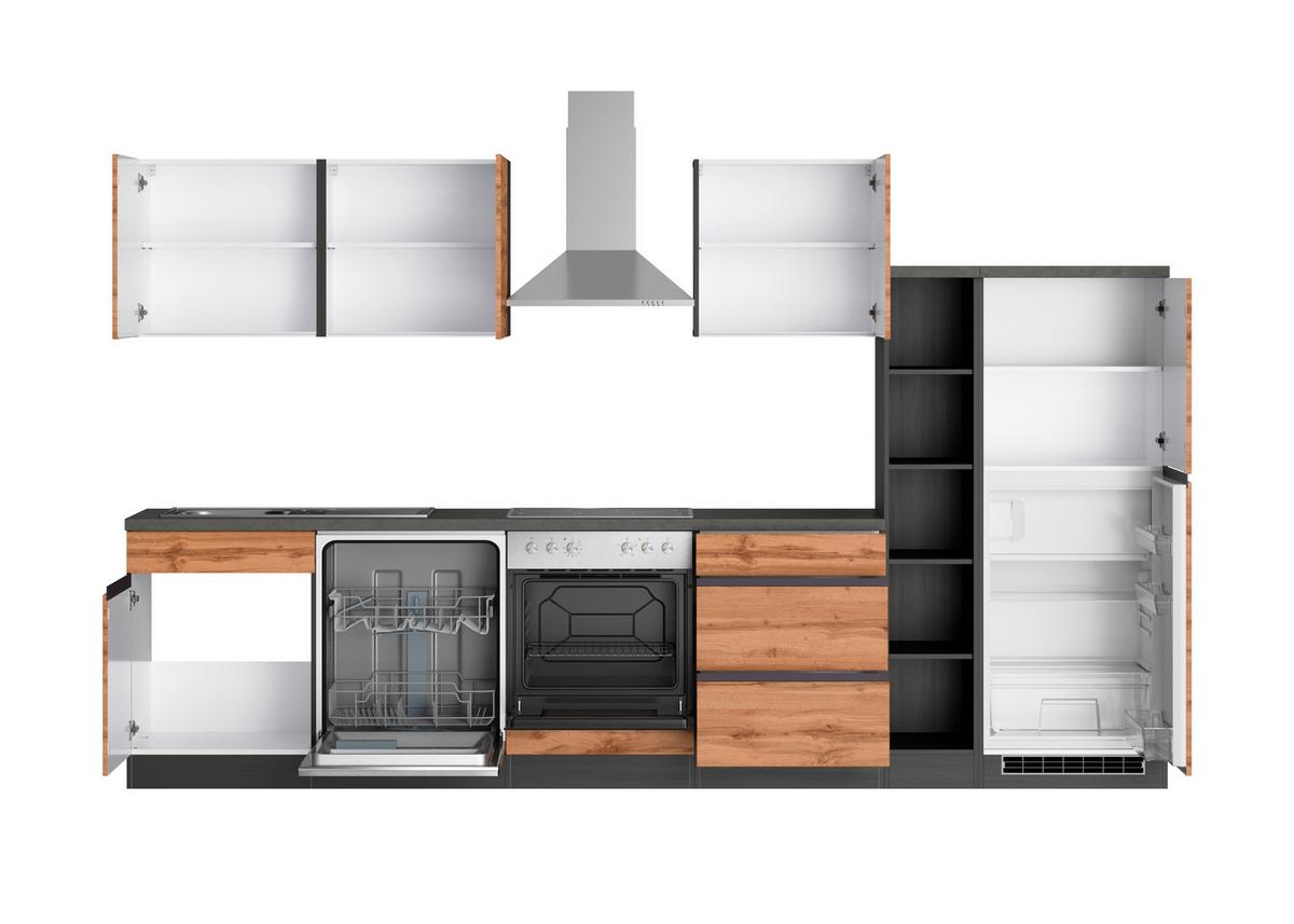 Küchenzeile Turin mit Geräten B: 330 cm Graphitfarben/Eiche - Eiche Wotan/Graphitfarben, Design, Holzwerkstoff (330cm) - Held