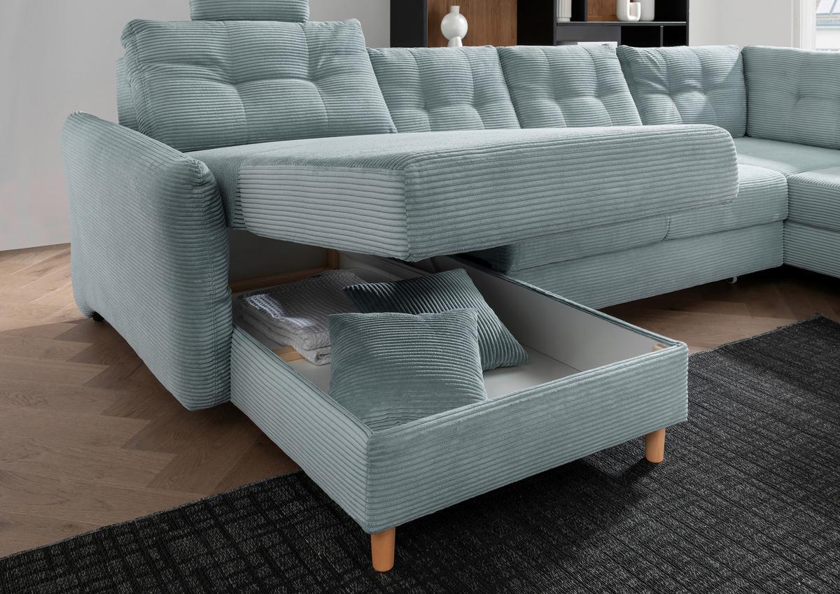 Wohnlandschaft mit Schlaffunktion, Hellblau - Naturfarben/Hellblau, MODERN, Textil (176/338-352/206cm) - Livetastic