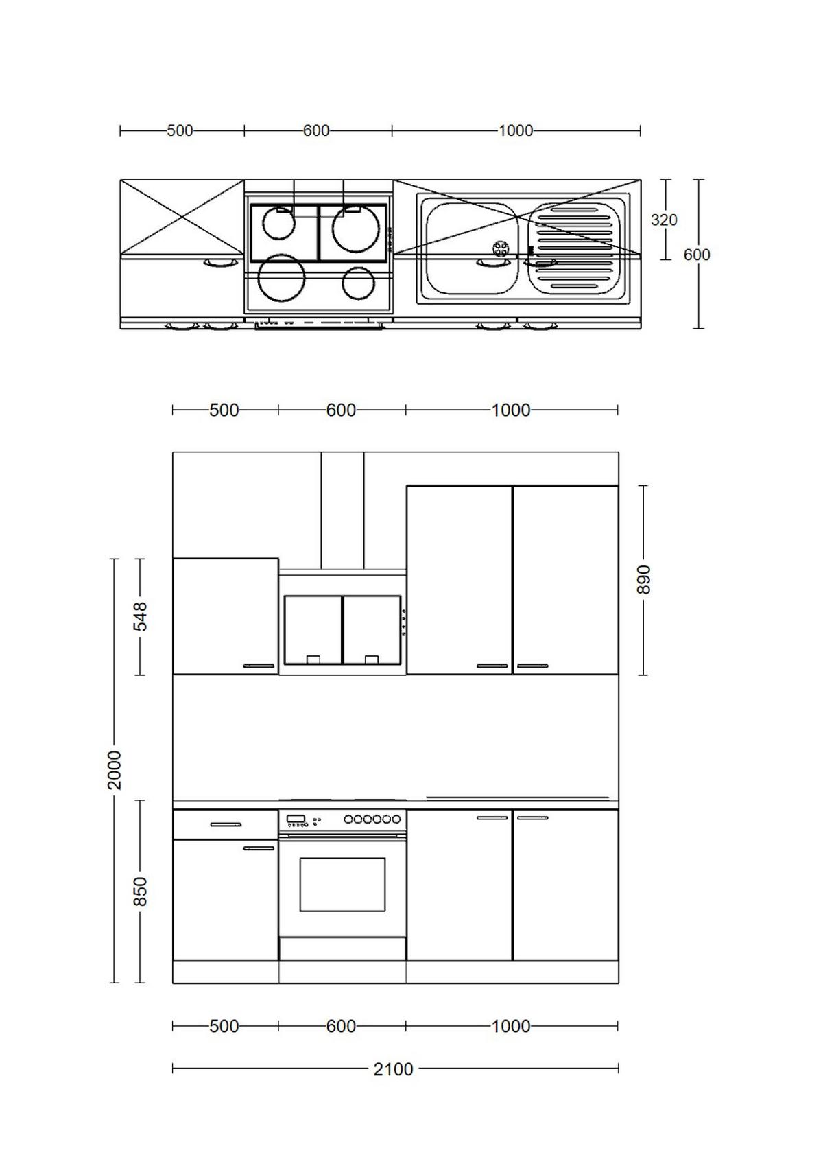 Küchenzeile Nano mit Geräten 210 cm Creme/Buche Dekor - Beige/Buchefarben, MODERN, Holzwerkstoff (210cm) - FlexWell