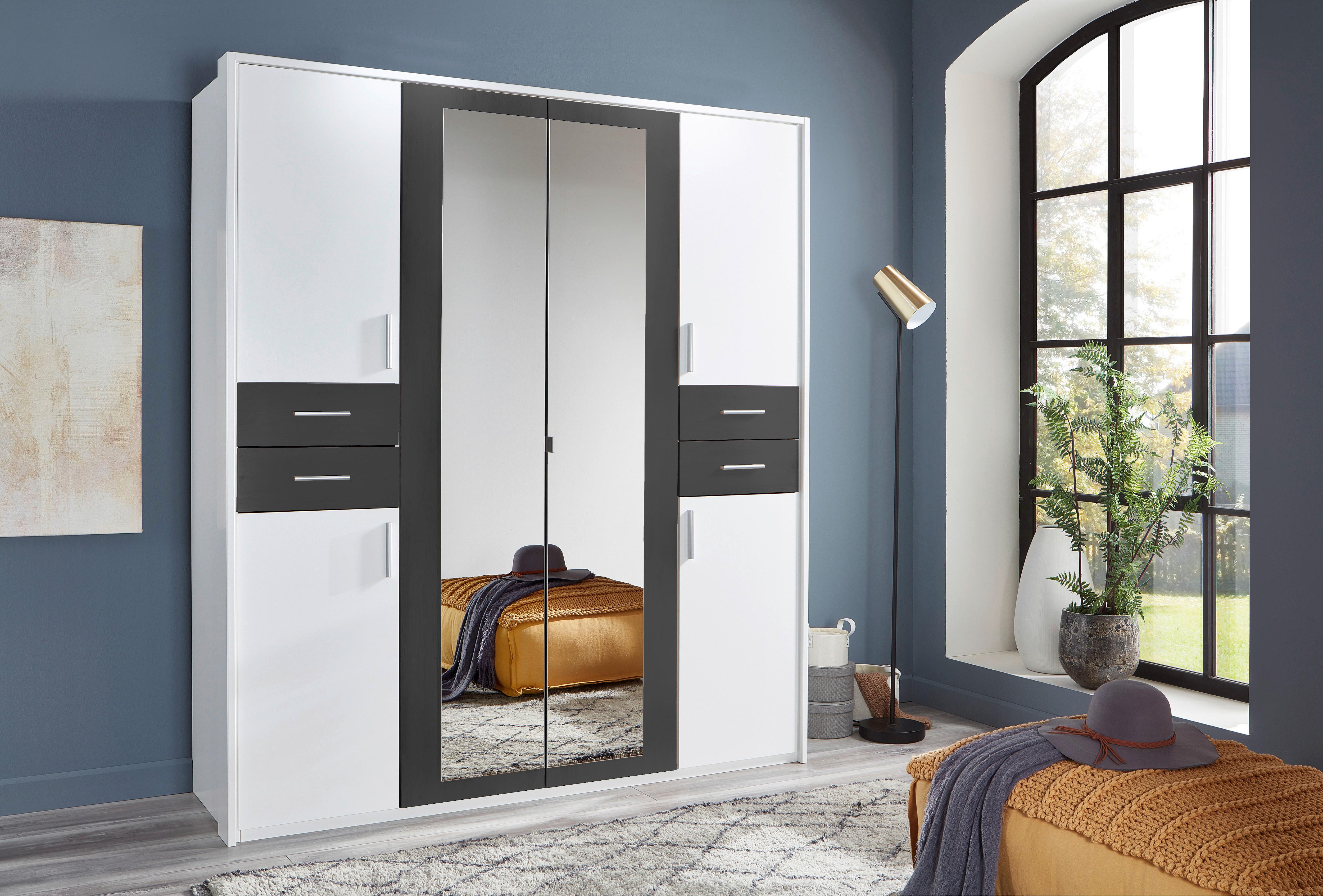 Drehtürenschrank Mit Spiegel + Laden B: 180 cm Vegas, Weiß - Graphitfarben/Weiß, Basics, Holzwerkstoff (180/208/58cm) - MID.YOU