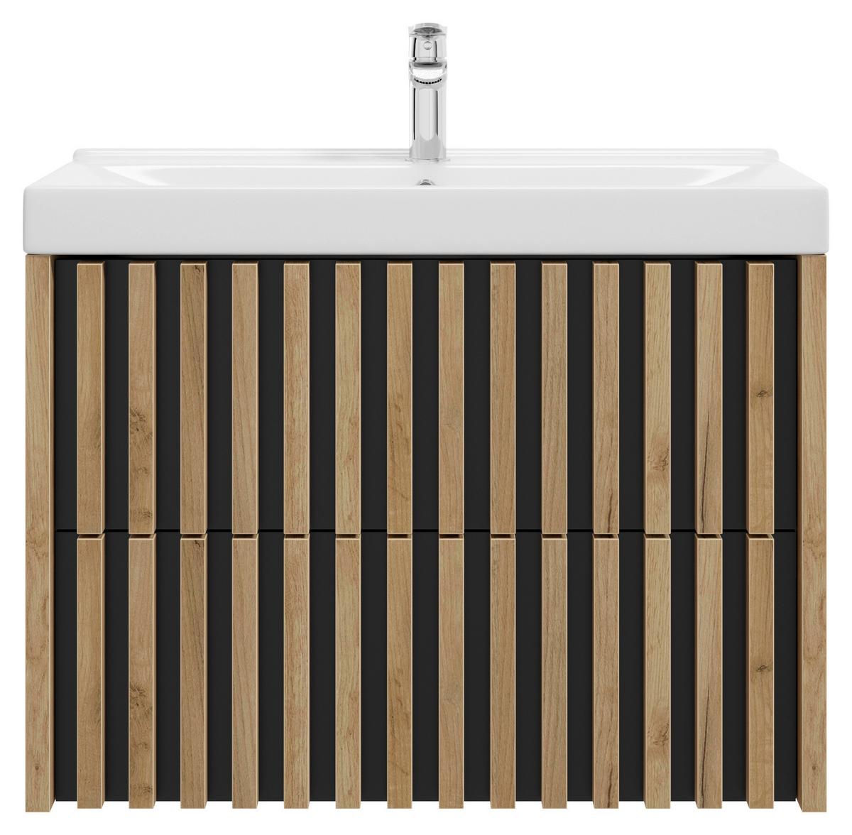Waschbecken mit Unterschrank B: 81 cm Schwarz/Eichedekor - Eichefarben/Schwarz, MODERN, Keramik/Holzwerkstoff (81cm) - MID.YOU