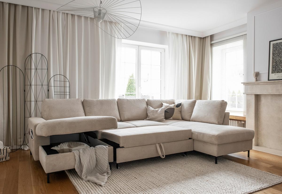 Sedačka LEONIE U, pravá, béžový menčester - čierna/béžová, Design, kov/drevo (148/303/197cm)
