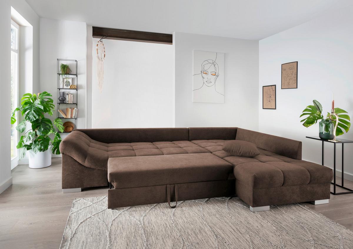 Eckschlafsofa Alvito Braun S: 298/202 cm - Silberfarben/Braun, Design, Textil (298/202cm) - MID.YOU