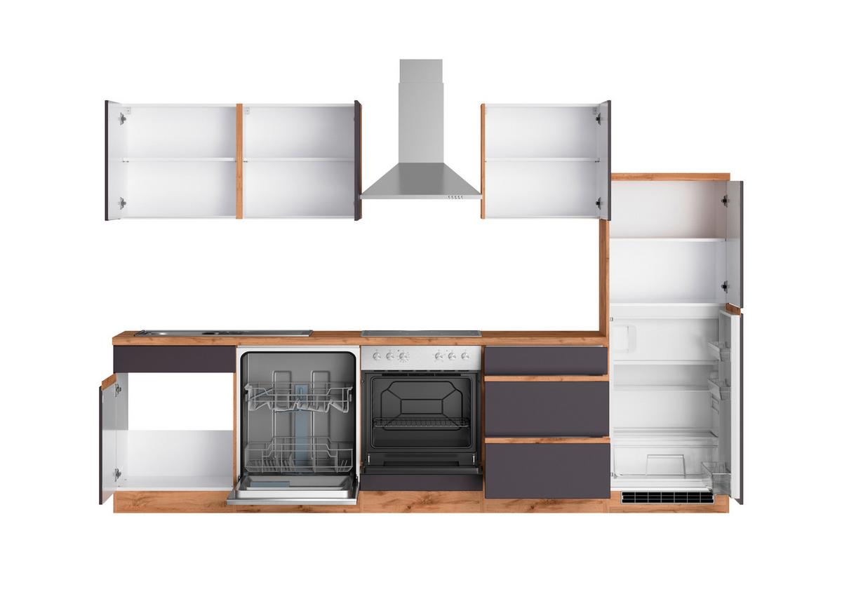 Küchenzeile Turin mit Geräten B: 300cm Grau/Wotaneiche Dekor - Eiche Wotan/Grau, Design, Holzwerkstoff (300cm) - Held