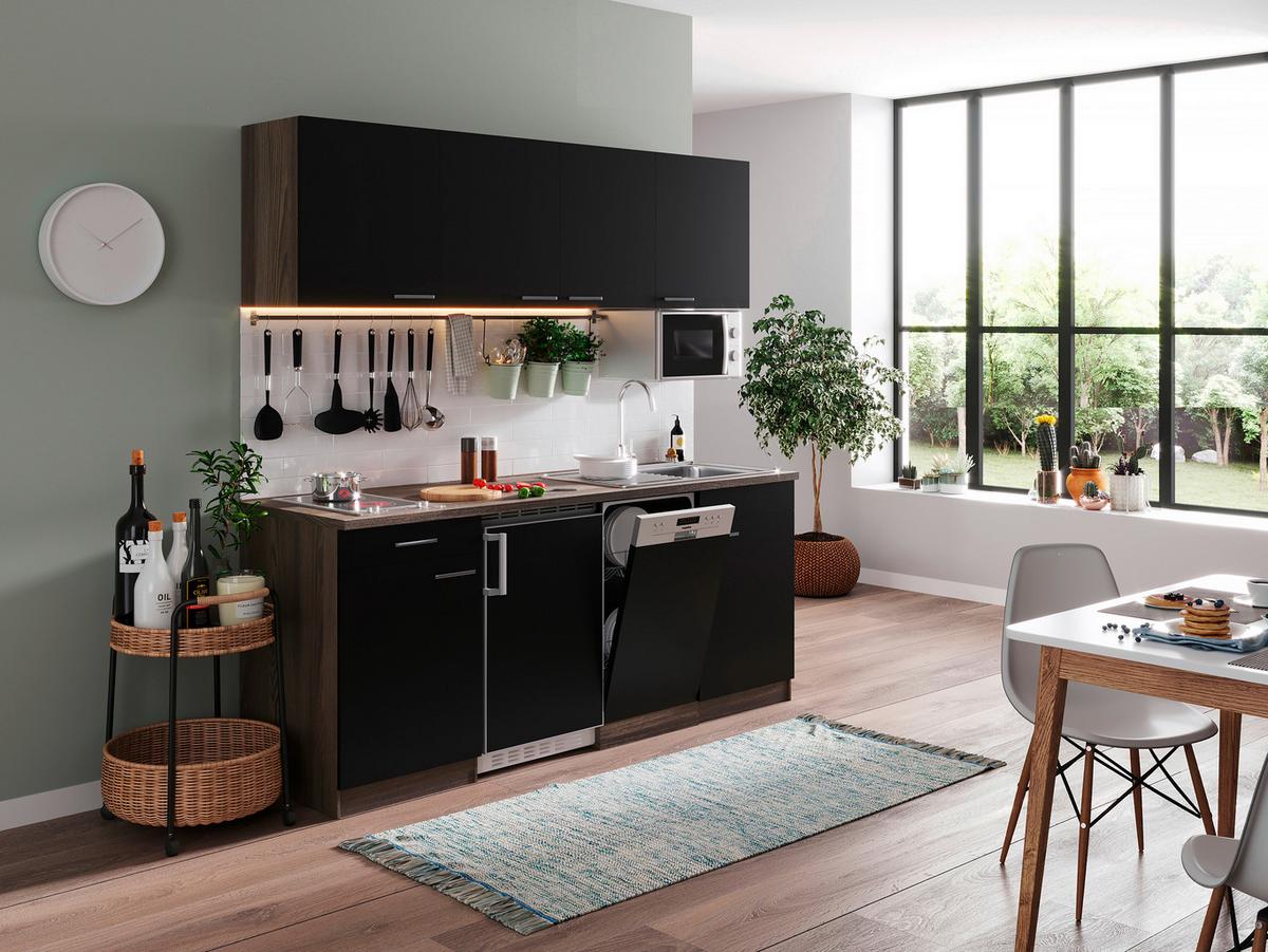 Küchenzeile Economy mit Geräten 195 cm Schwarz/Eiche Dekor - Eichefarben/Schwarz, Basics, Holzwerkstoff (195cm) - Respekta