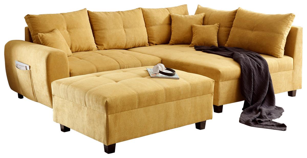 Ecksofa inkl. Kissen und Hocker Lea, Polyester-Nylon - Gelb/Schwarz, Basics, Holzwerkstoff/Textil (248/176cm) - MID.YOU