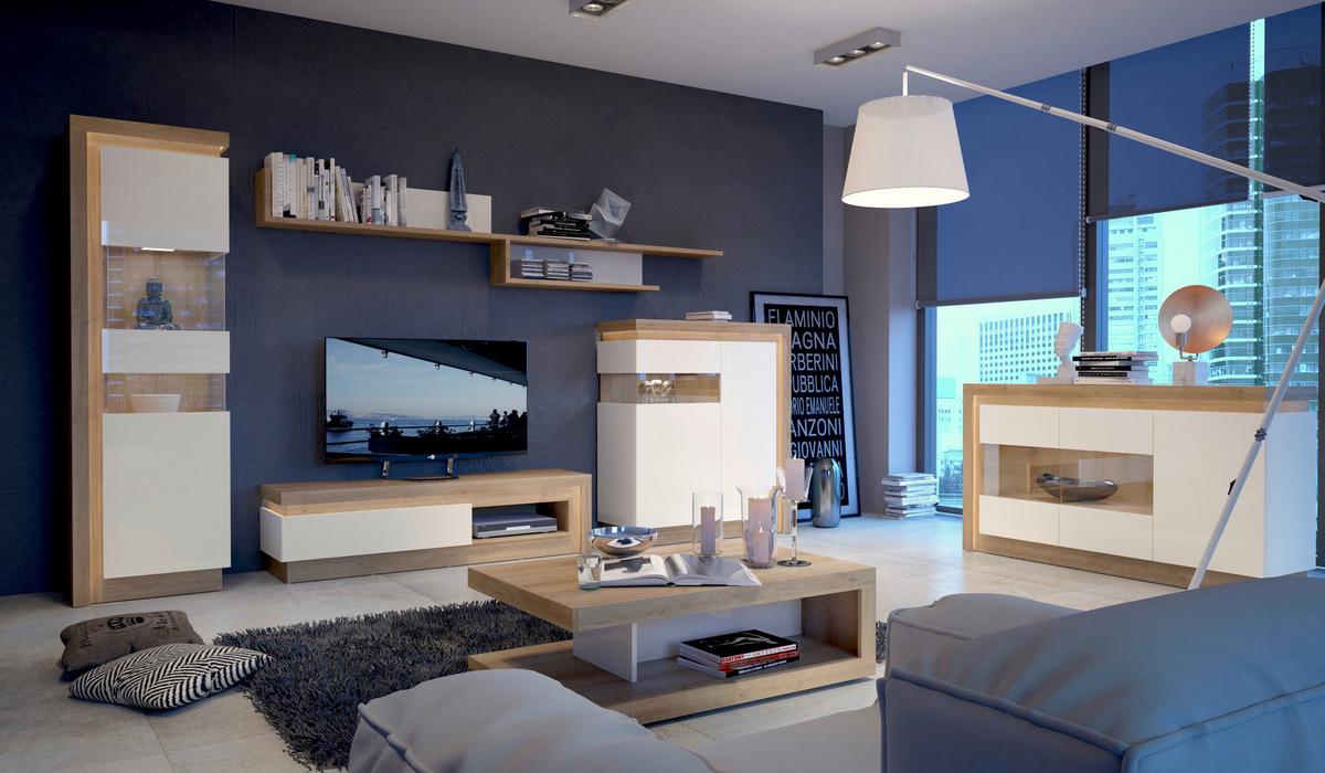 Tv-elem Lyon Hell 130/42cm - tölgyfa/magasfényű fehér, Trend, faalapú anyag (130/41,7/42cm)