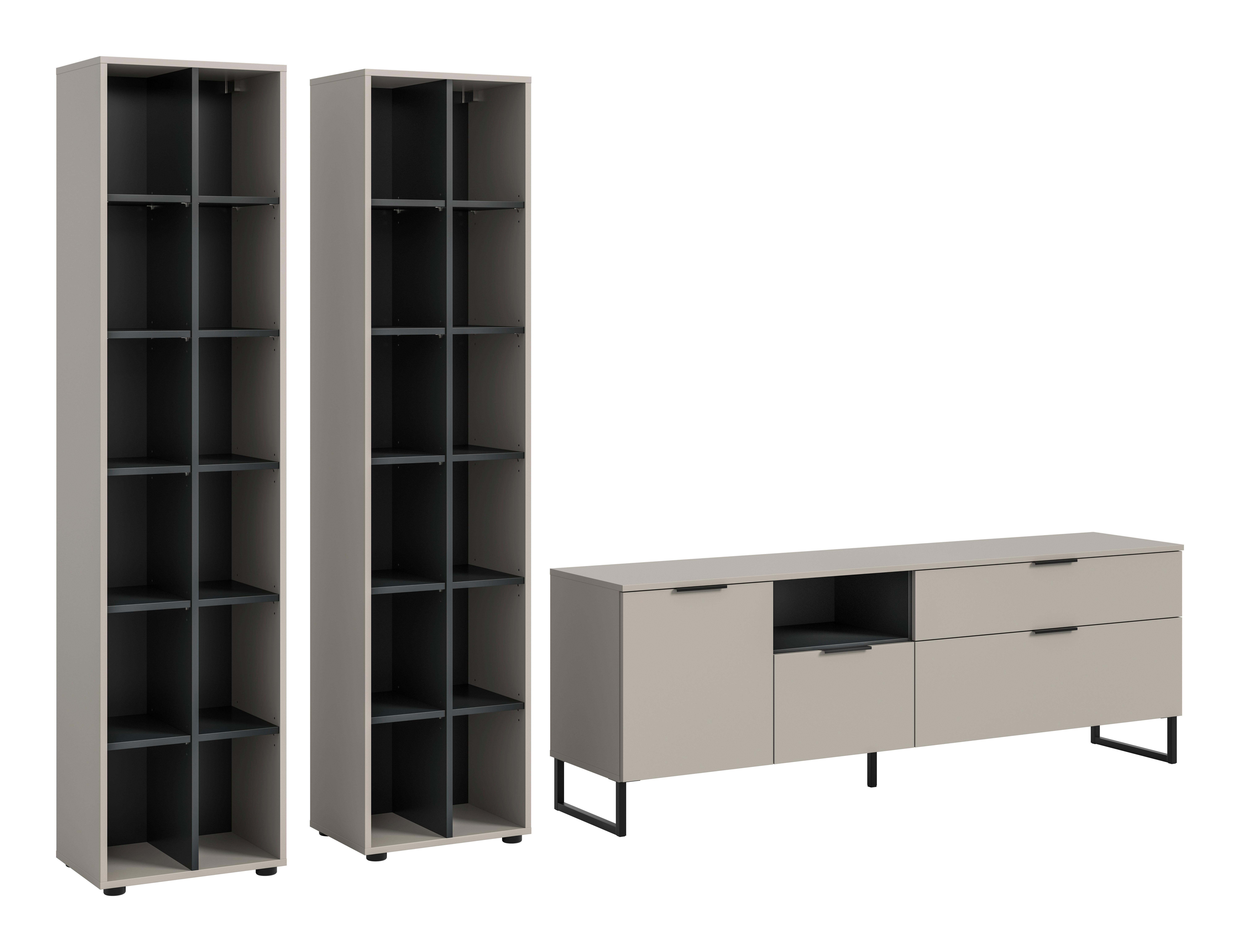 WOHNWAND Noida Kaschmirfarben B: 305cm - Kaschmir/Schwarz, Design, Holzwerkstoff (305/192/41cm) - Livetastic