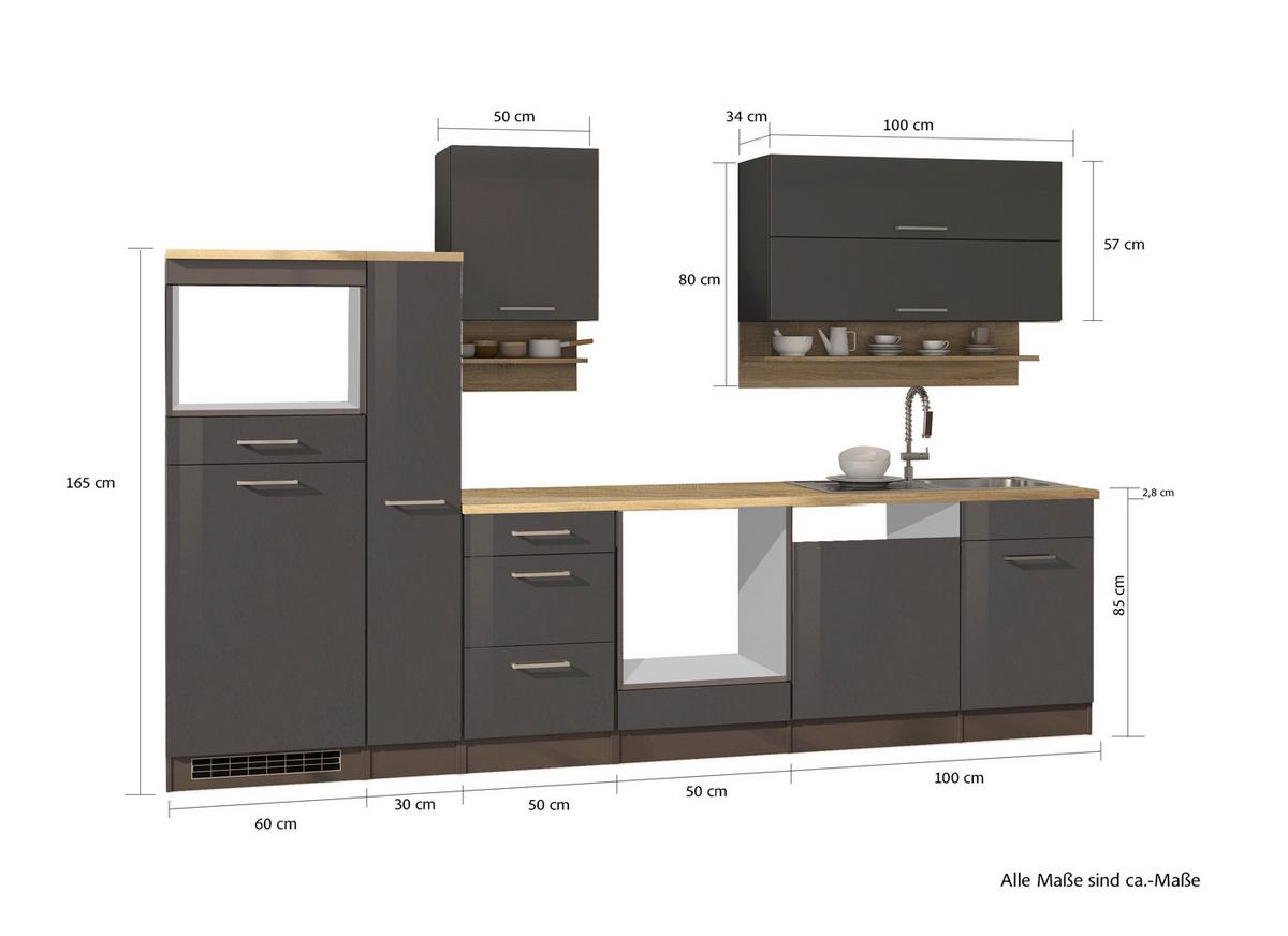 Küchenleerblock Mailand Graphitfarben B: 310cm - Graphitfarben/Sonoma Eiche, MODERN, Glas/Holzwerkstoff (310cm) - Held