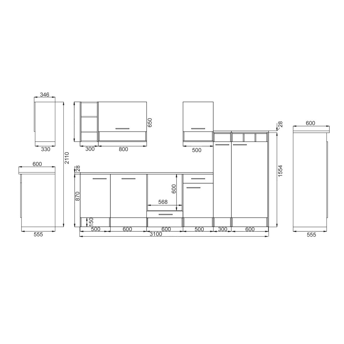 Küchenzeile ohne Geräte B: 310 cm Grau/Wildeiche Dekor - Wildeiche/Grau, Basics, Holzwerkstoff (310cm) - Respekta