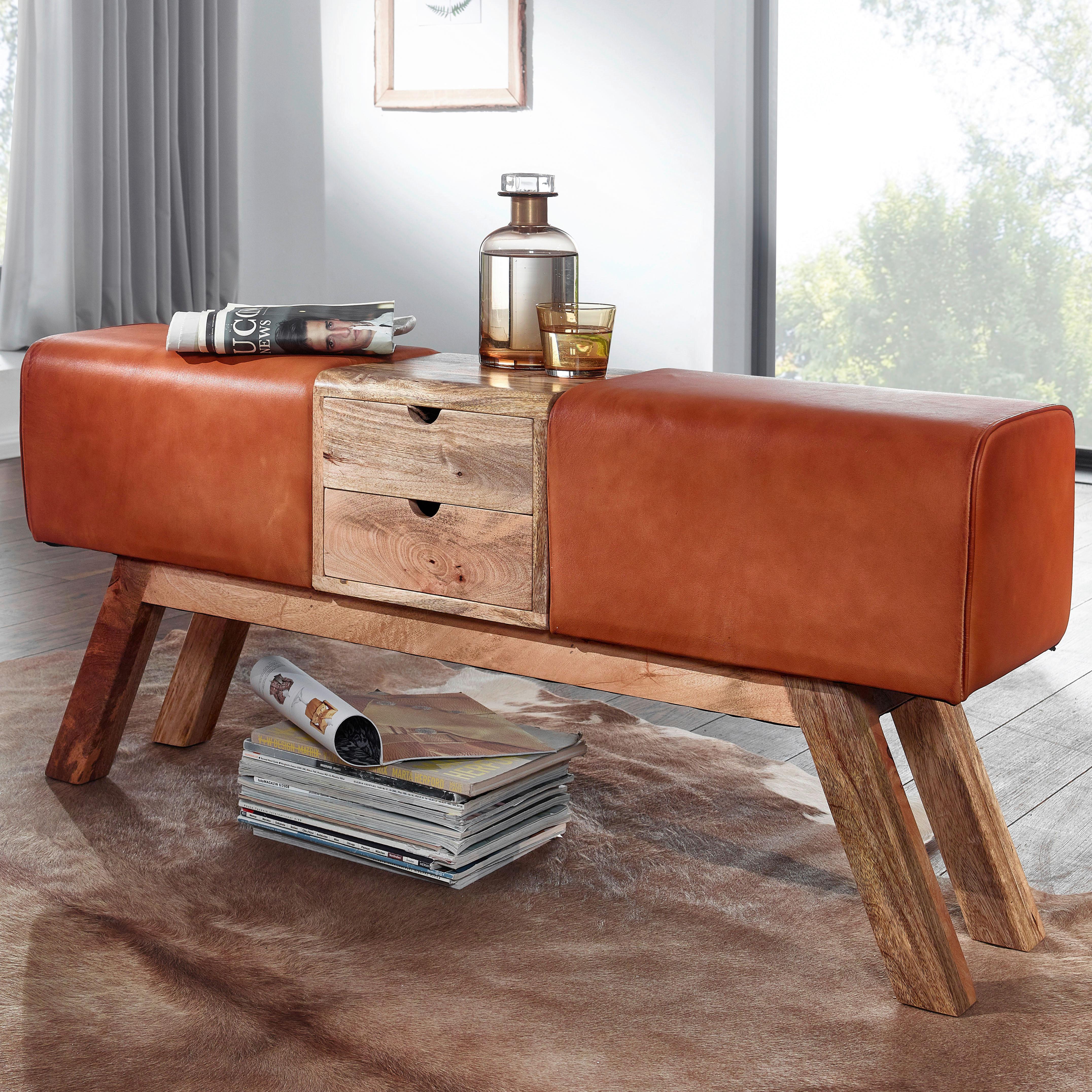 Garderobenbank B: 120 Cm Mit 2 Schubladen Braun - Braun, MODERN, Leder/Holz (120/56/30cm) - MID.YOU