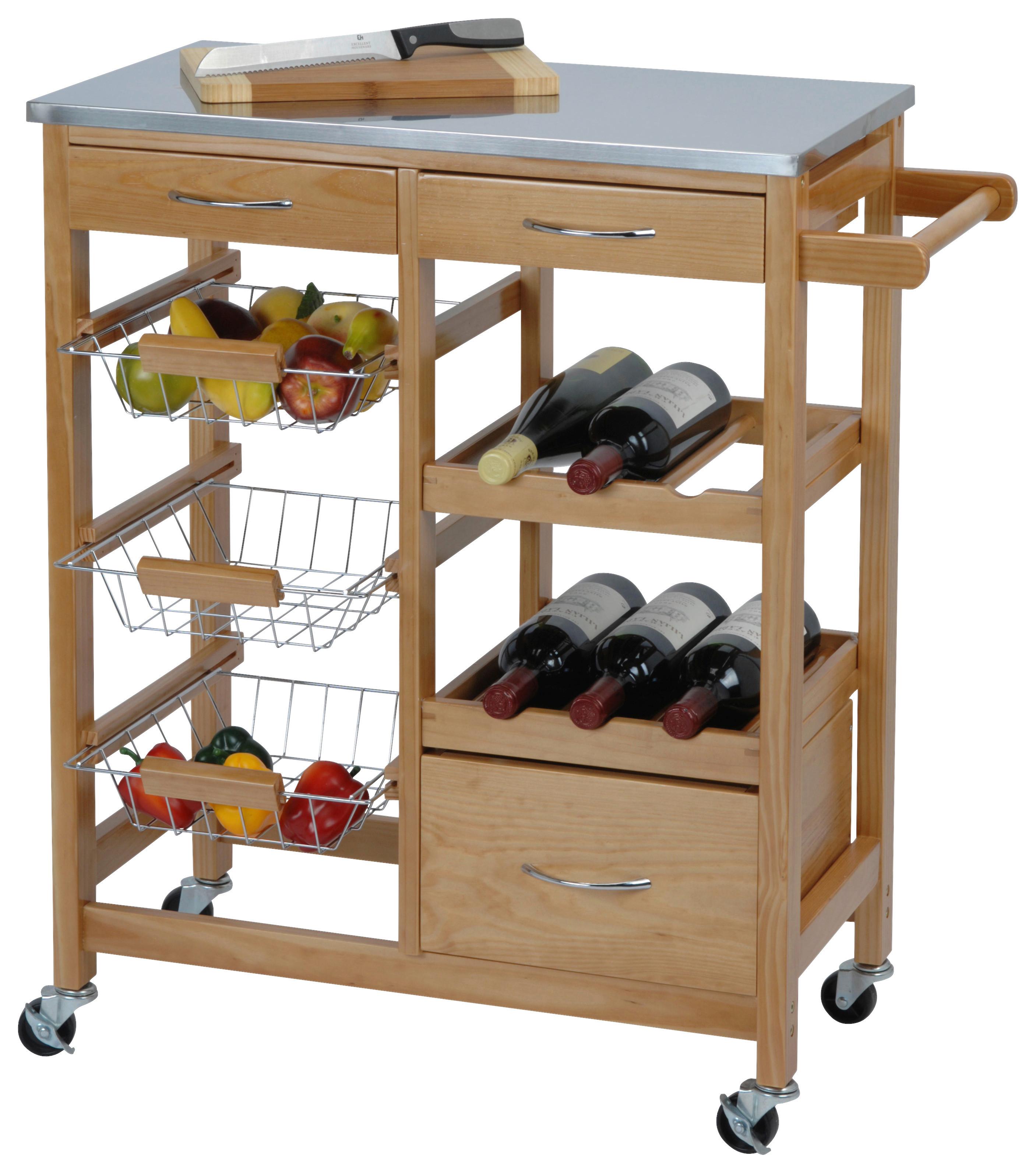 Servierwagen Holz Massiv Kieferfarben Mit 3 Ablagen - Kieferfarben, Basics, Holz (66/84/36cm)