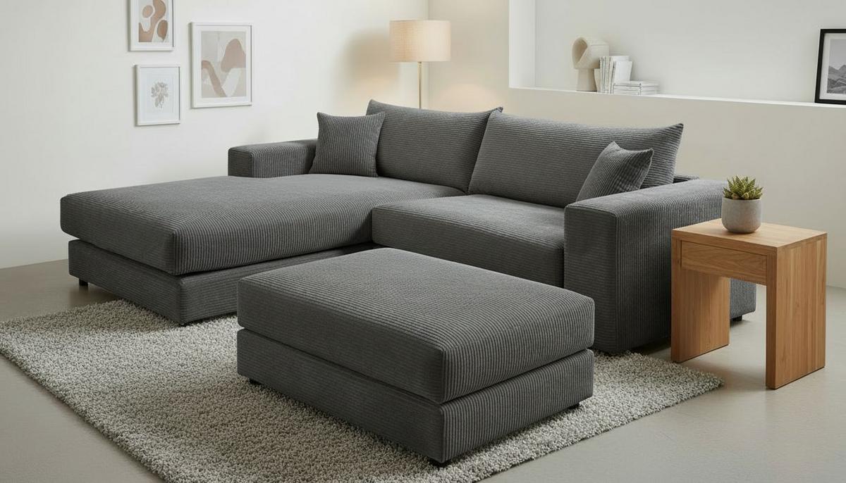 Ecksofa Funny S Links mit Hocker, Dunkelgrau, B: 265 cm - Dunkelgrau/Schwarz, Basics, Textil (180/265cm) - Livetastic