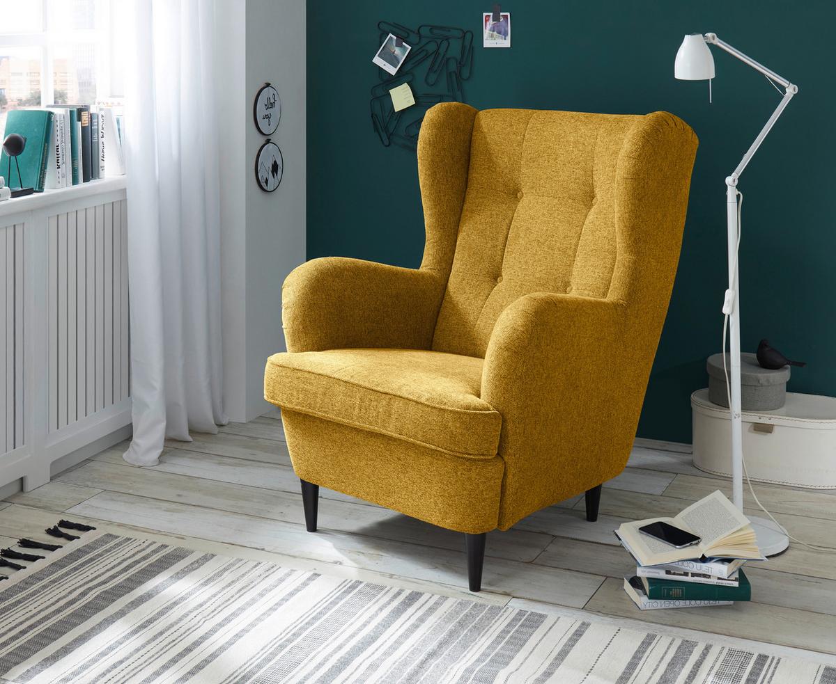 Ohrensessel Oskar Webstoff Safran - Gelb/Schwarz, Basics, Holzwerkstoff/Textil (78/102/98cm) - MID.YOU