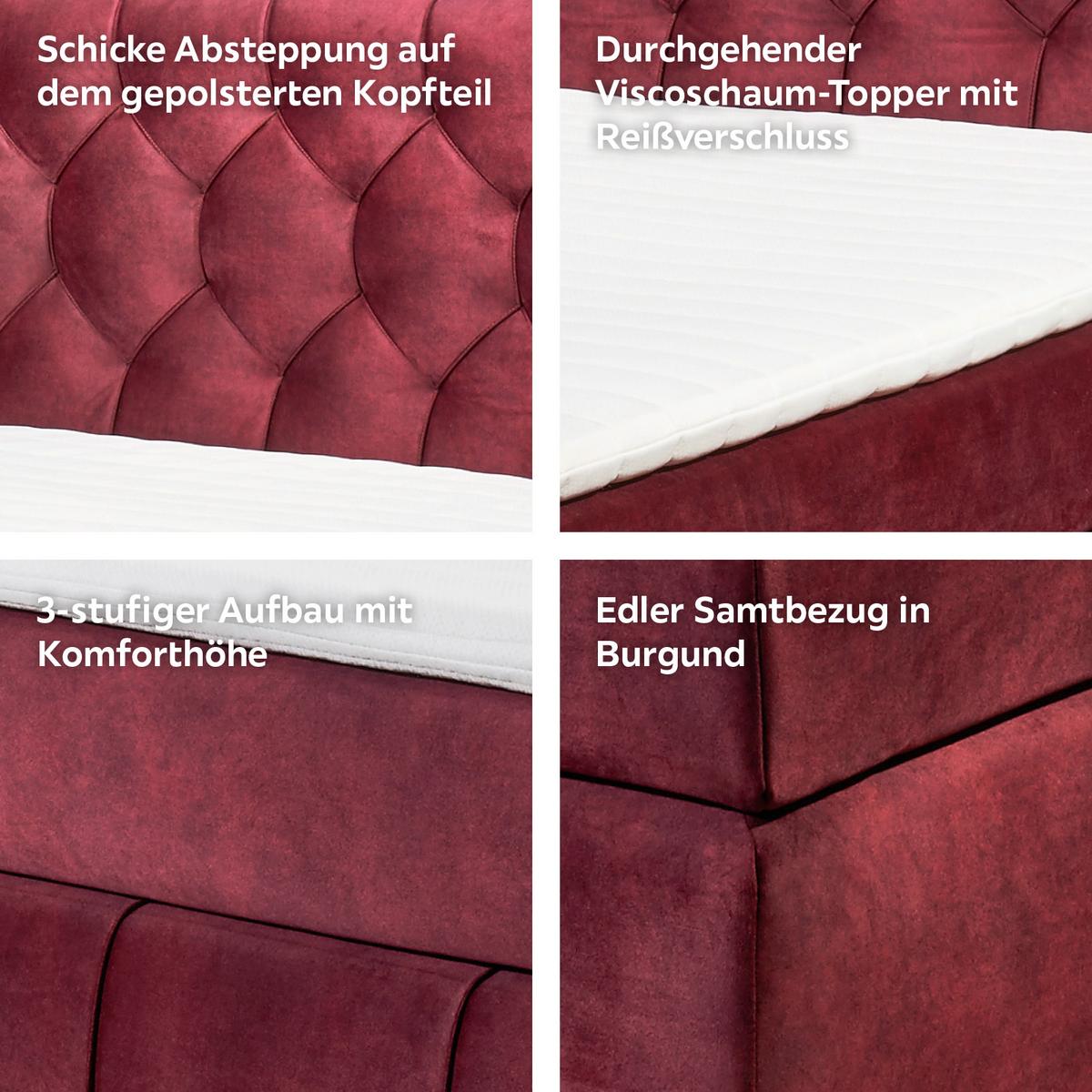 Boxspringbett Mit Topper 180x200 Pembroke - Bordeaux/Lila, Basics, Holzwerkstoff/Textil (180/200cm) - MID.YOU