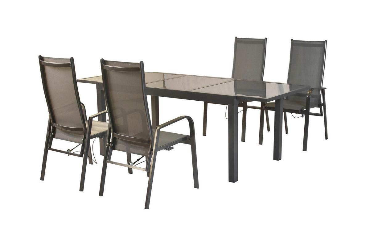 Gartentischgruppe Alassio 5--Teilig. Aus Aluminium - Graphitfarben/Grau, KONVENTIONELL, Glas/Textil - Gardenson