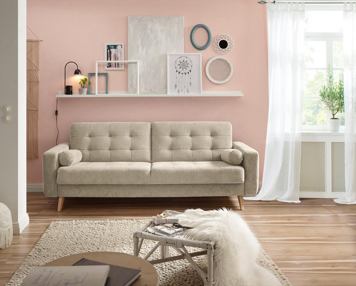 Schlafsofa Mit Bettkasten Und Kissen Fjord, Webstoff - Sandfarben/Eichefarben, MODERN, Holzwerkstoff/Textil (222/86/90cm) - MID.YOU