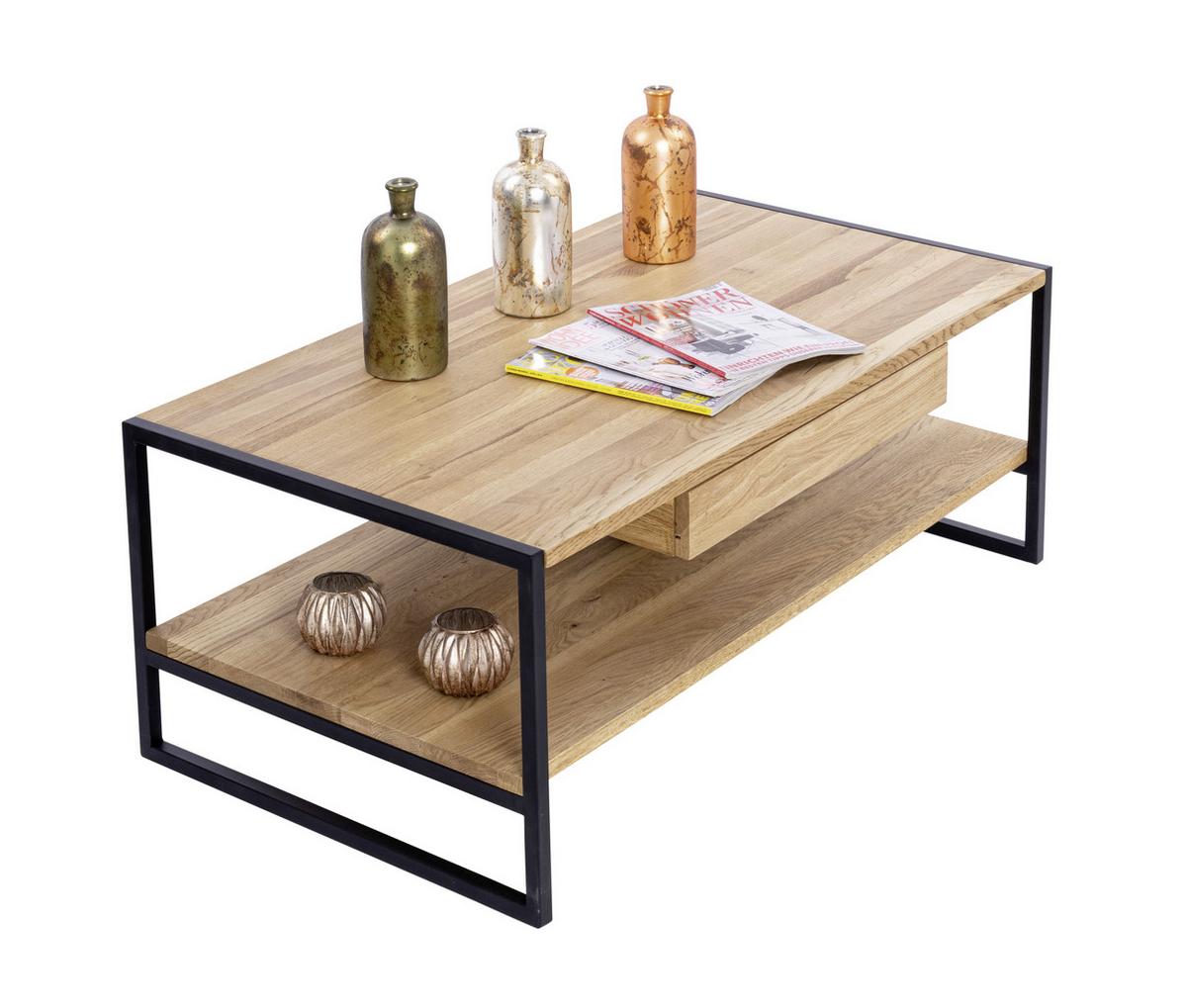 Couchtisch Holz Massiv Mit Lade Nanpur Naturfarben - Schwarz/Naturfarben, MODERN, Holz/Metall (110/60/40cm) - MID.YOU