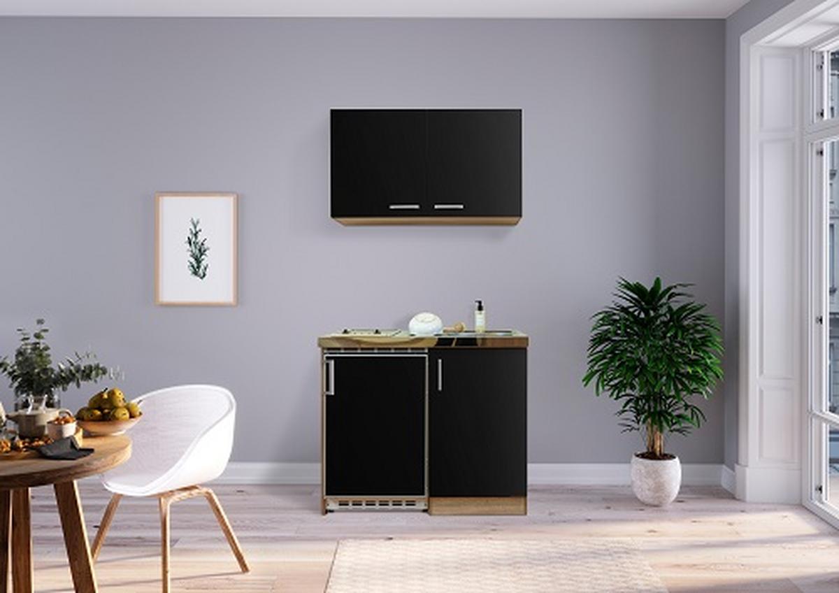 Miniküche M. Kühlschrank + Kochfeld 100 Cm Schwarz/eiche - Edelstahlfarben/Schwarz, MODERN, Holzwerkstoff/Metall (100cm) - Respekta