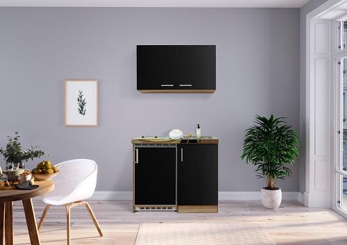 Miniküche mit Kühlschrank + Kochfeld 100 cm Schwarz/Eiche