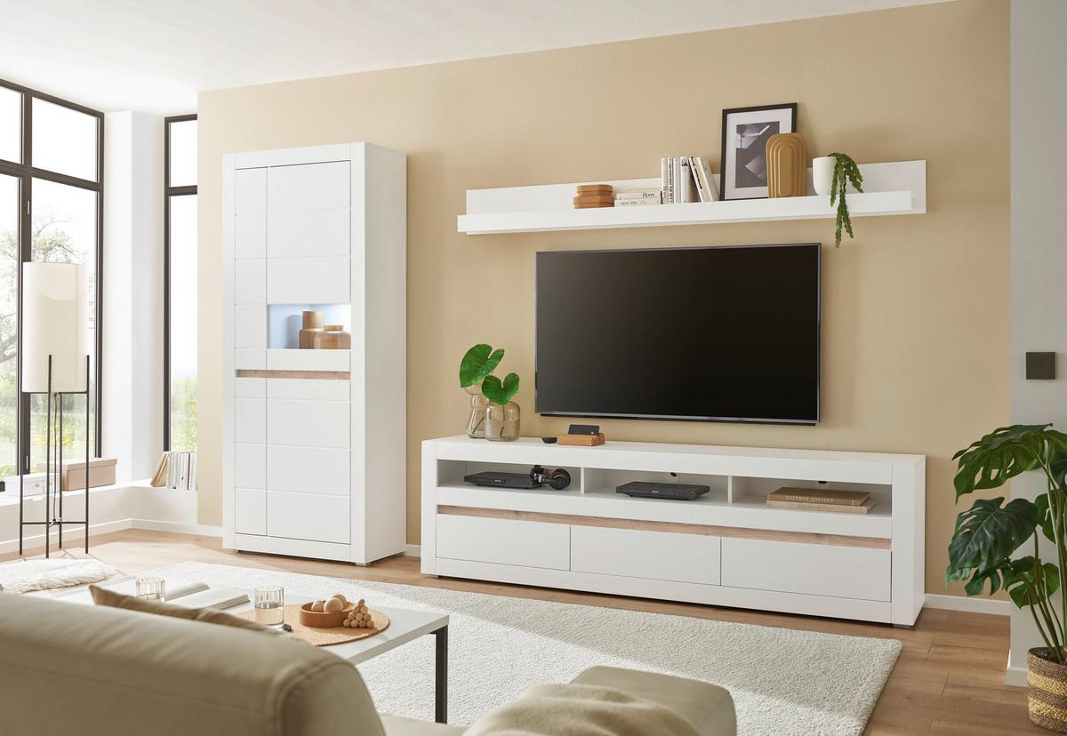 Wohnwand Chester Weiß/Eichefarben B: 312cm - Eichefarben/Silberfarben, Design, Holzwerkstoff (312/198/42cm) - MID.YOU