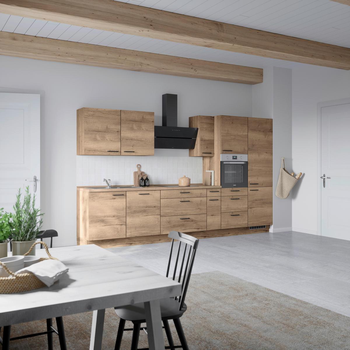Kuchyňská linka 360 cm, dekor dub Havanna - černá/tmavý dub, Moderní, kov/kompozitní dřevo (360cm) - Nobilia