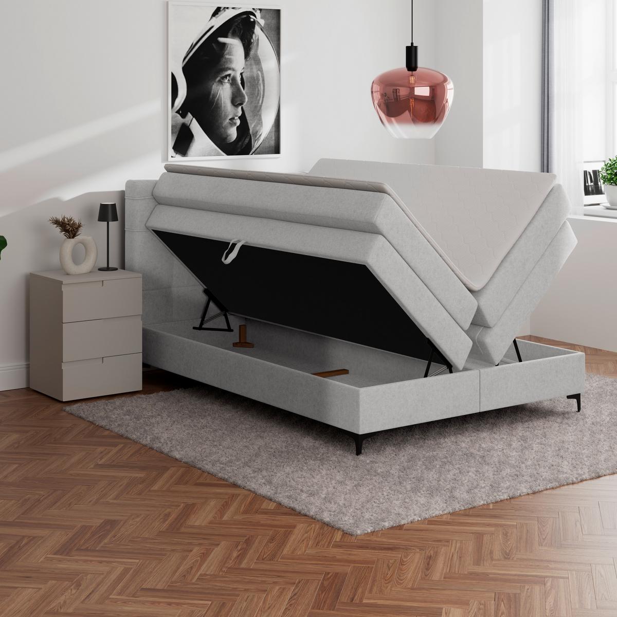 Boxspringbett MITTO Silberfarben 140x200 cm - Silberfarben/Schwarz, KONVENTIONELL, Textil/Metall (140/200cm)