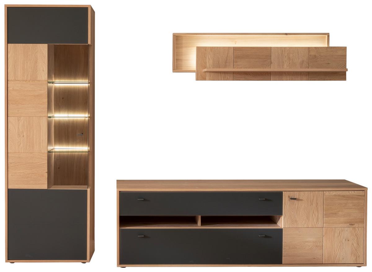 Wohnkombination Teilmassiv 3tlg. Valencia Anthrazit - Eiche Bianco/Anthrazit, Design, Glas/Holz (258/207/50cm) - MID.YOU