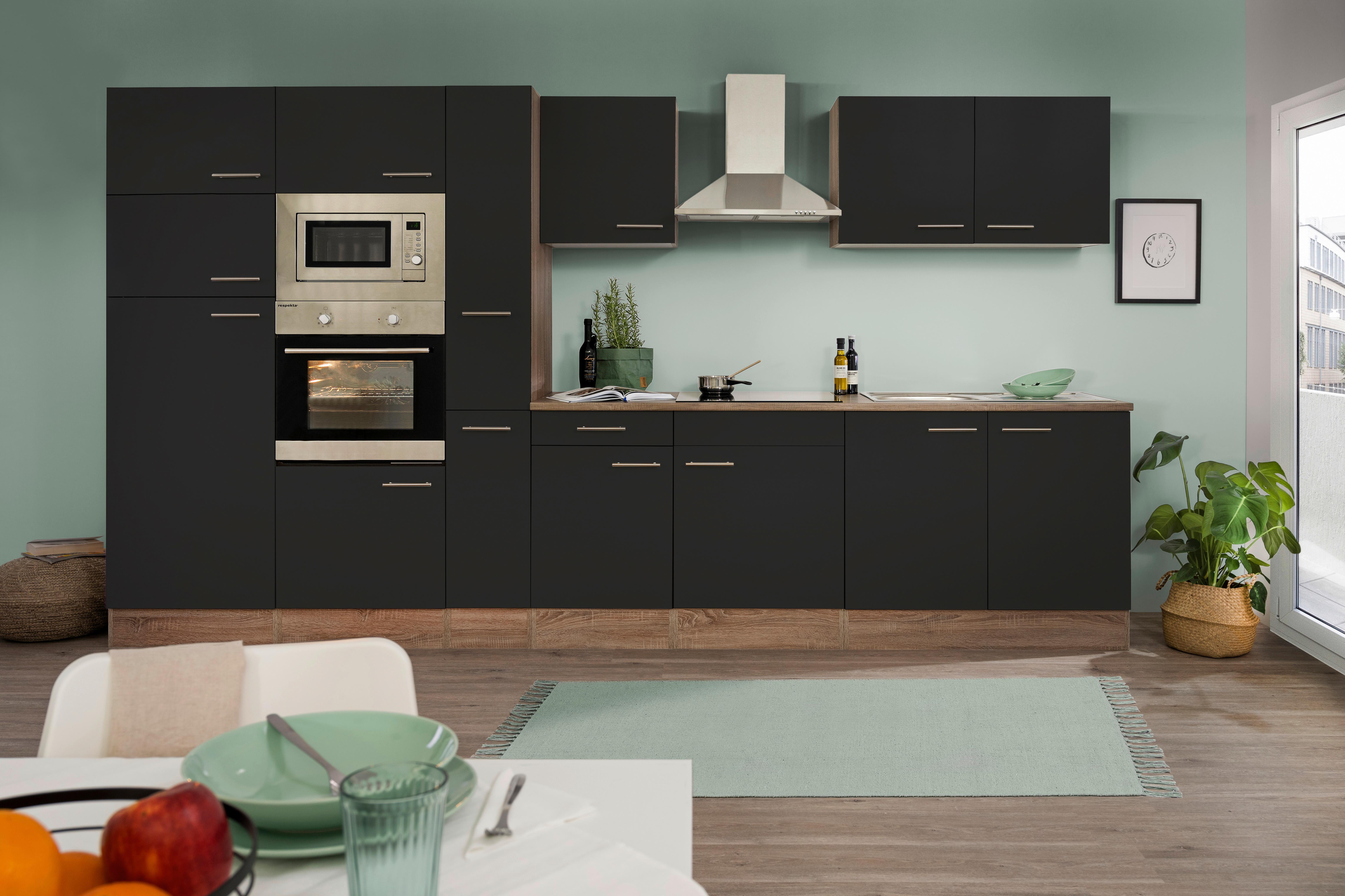 Küchenzeile ohne Geräte B: 360 cm Schwarz/Eiche Dekor - Eichefarben/Schwarz, Basics, Holzwerkstoff (360cm) - Respekta