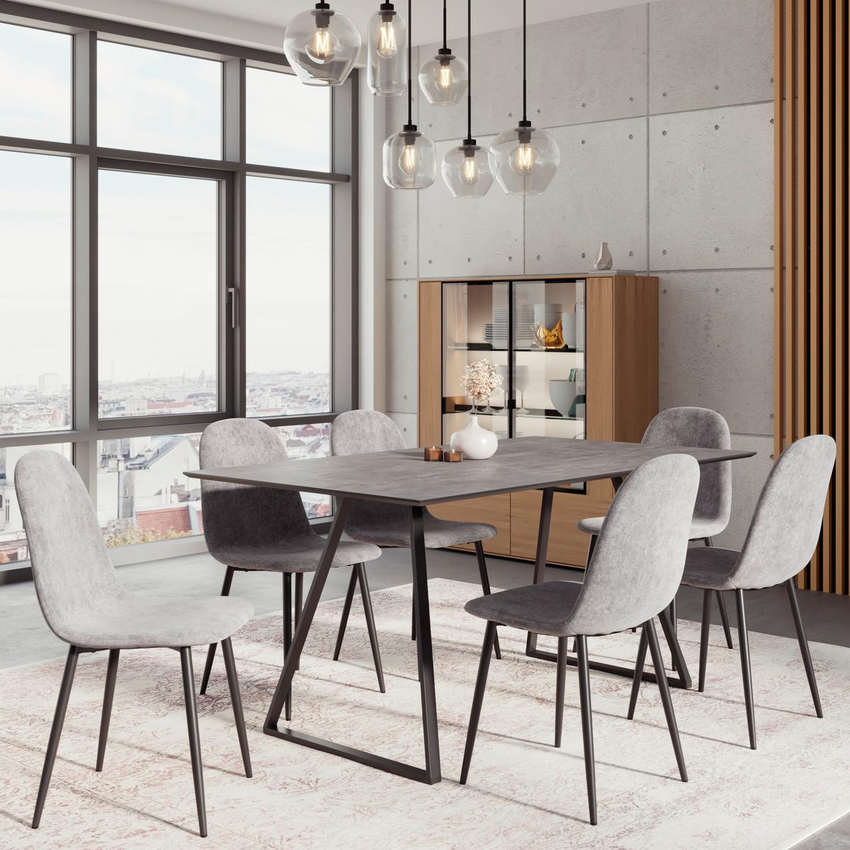 Tischgruppe Vols Giga 7-teilig Dekor grau/Webstoff grau - Schwarz/Grau, MODERN, Holzwerkstoff/Textil (160/75/90cm)