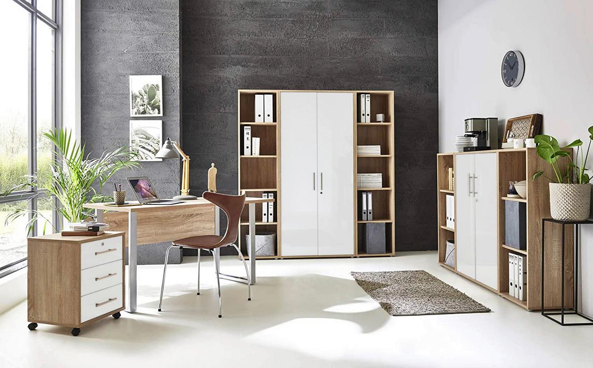 Büro Office Edition Eiche Dekor/weiß Hochglanz - Weiß Hochglanz/Sonoma Eiche, MODERN, Holzwerkstoff/Metall - MID.YOU