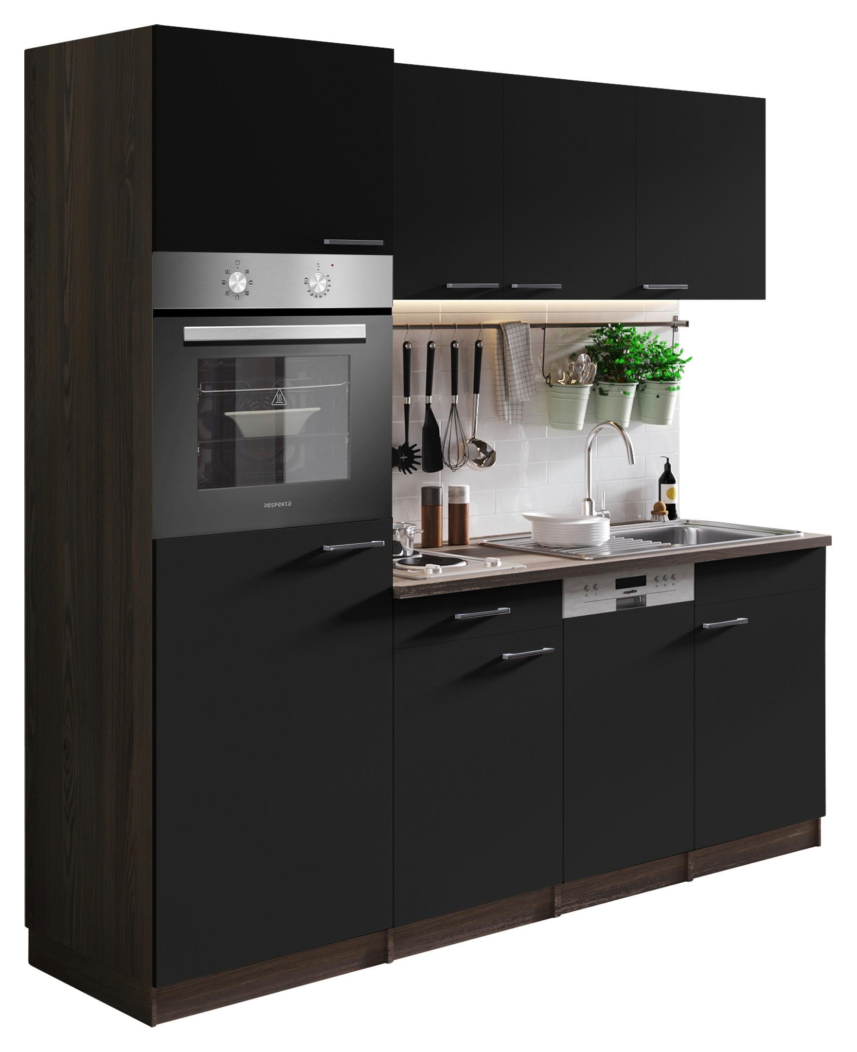Küchenblock Oliver Singleküche 205 cm - Eichefarben/Schwarz, Basics, Holzwerkstoff (205cm) - Respekta